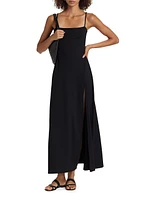 Wide-Strap Flare Slit Midi-Dress