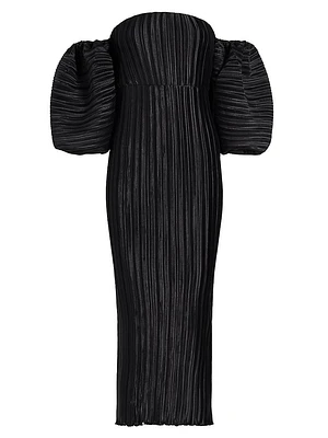 Sirene Plissé Puff-Sleeve Maxi Dress