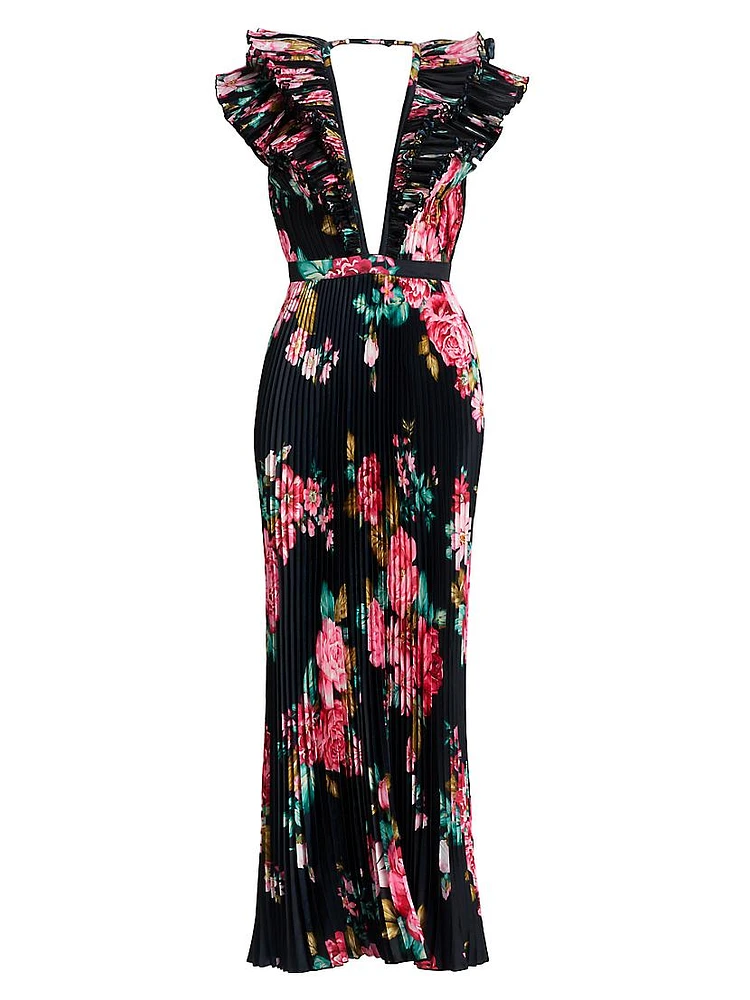 Floral Pleated Plunge Maxi Dress