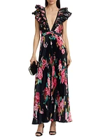 Floral Pleated Plunge Maxi Dress