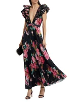 Floral Pleated Plunge Maxi Dress