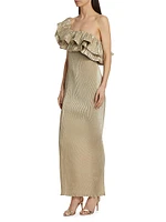 Metallic Ruffled One-Shoulder Maxi Dress