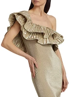 Metallic Ruffled One-Shoulder Maxi Dress