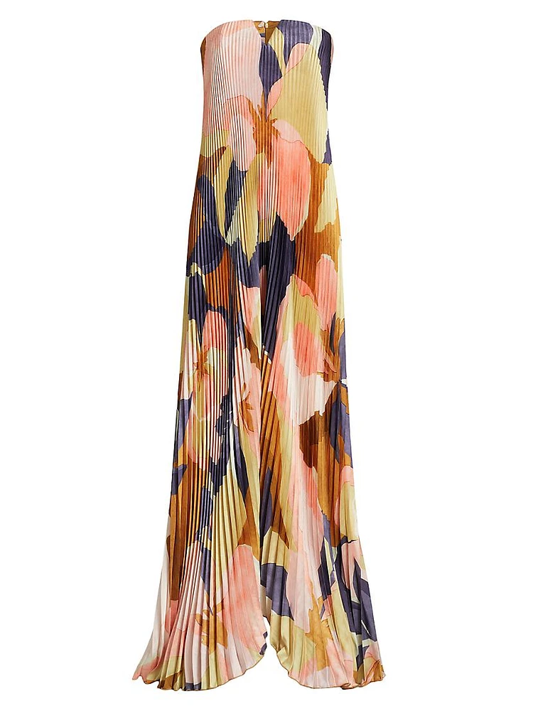 Floral Pleated Strapless Maxi Dress