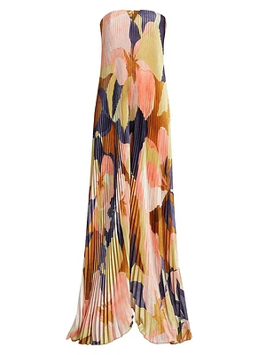 Floral Pleated Strapless Maxi Dress