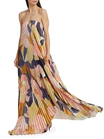 Floral Pleated Strapless Maxi Dress