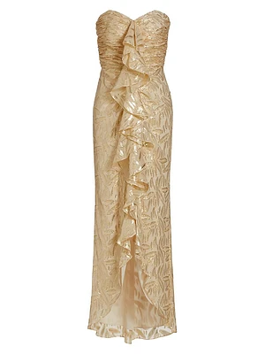 Goldie Ruffled Metallic Silk Strapless Dress