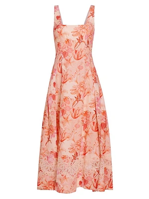 Umbria Floral Linen-Blend Midi-Dress