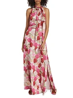 Kayla Floral Crinkled Chiffon Halter Gown