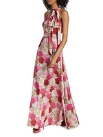 Kayla Floral Crinkled Chiffon Halter Gown