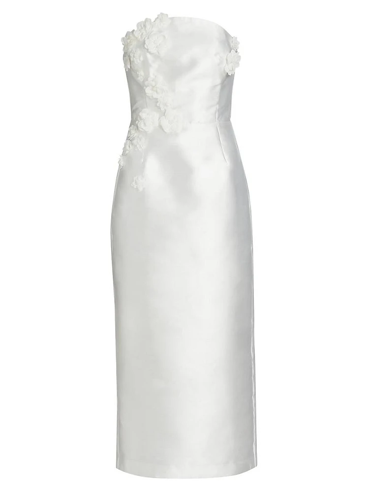 Serefina Satin Strapless Appliqué Midi-Dress