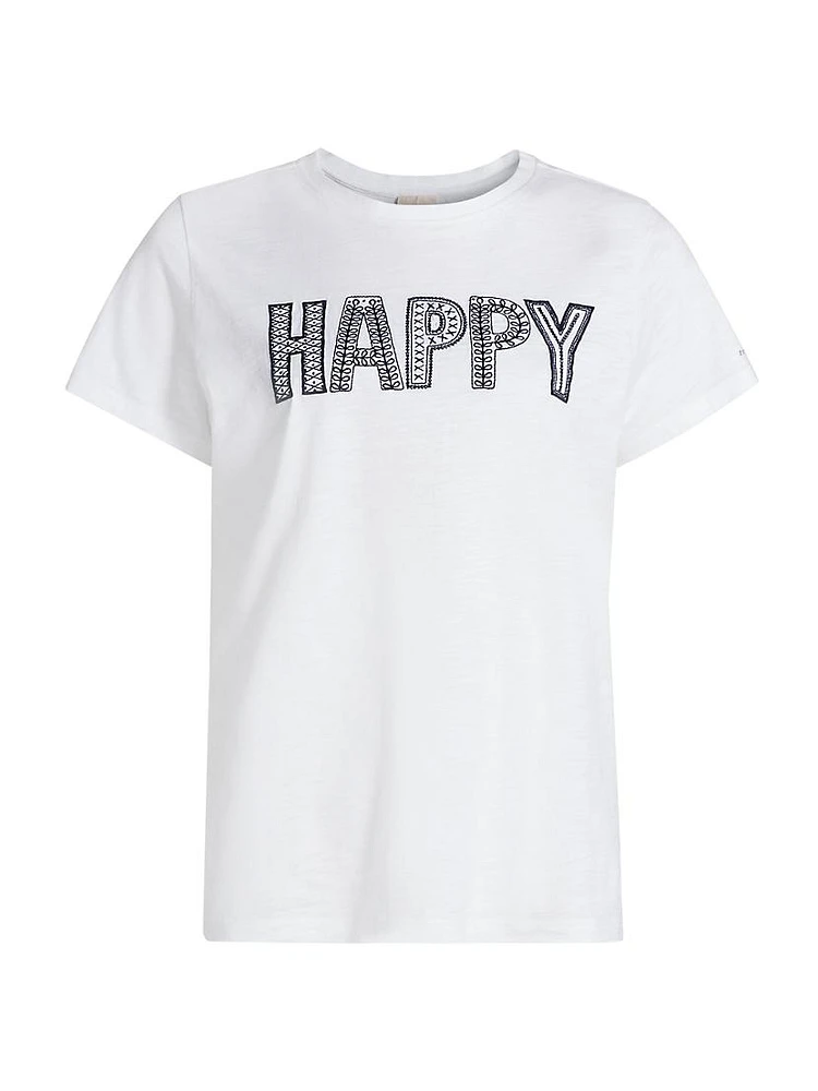 Embroidered "Happy" Cotton T-Shirt