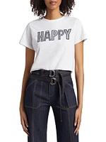 Embroidered "Happy" Cotton T-Shirt