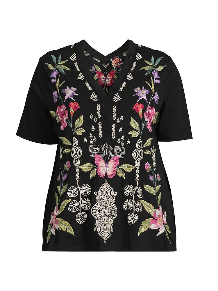 Dacie Floral-Embroidered Henley Top