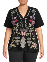 Dacie Floral-Embroidered Henley Top