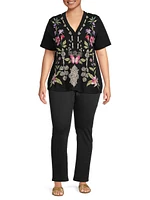 Dacie Floral-Embroidered Henley Top