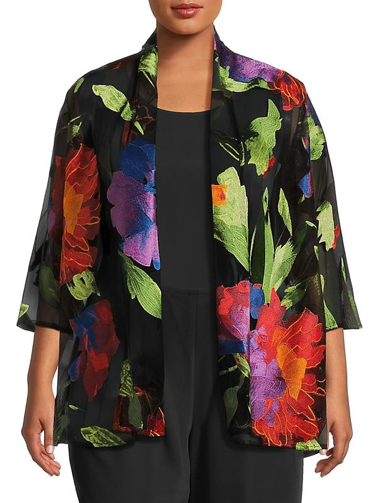 Plus Size Flower Burst Embroidery Swing Cardigan