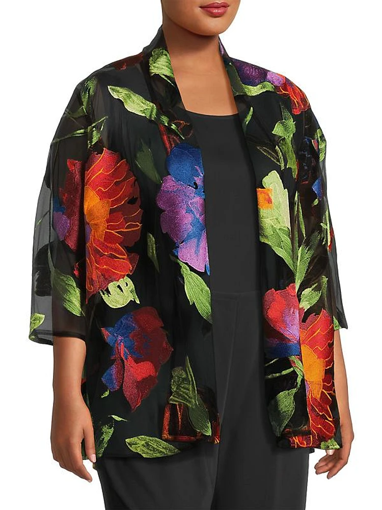 Plus Size Flower Burst Embroidery Swing Cardigan