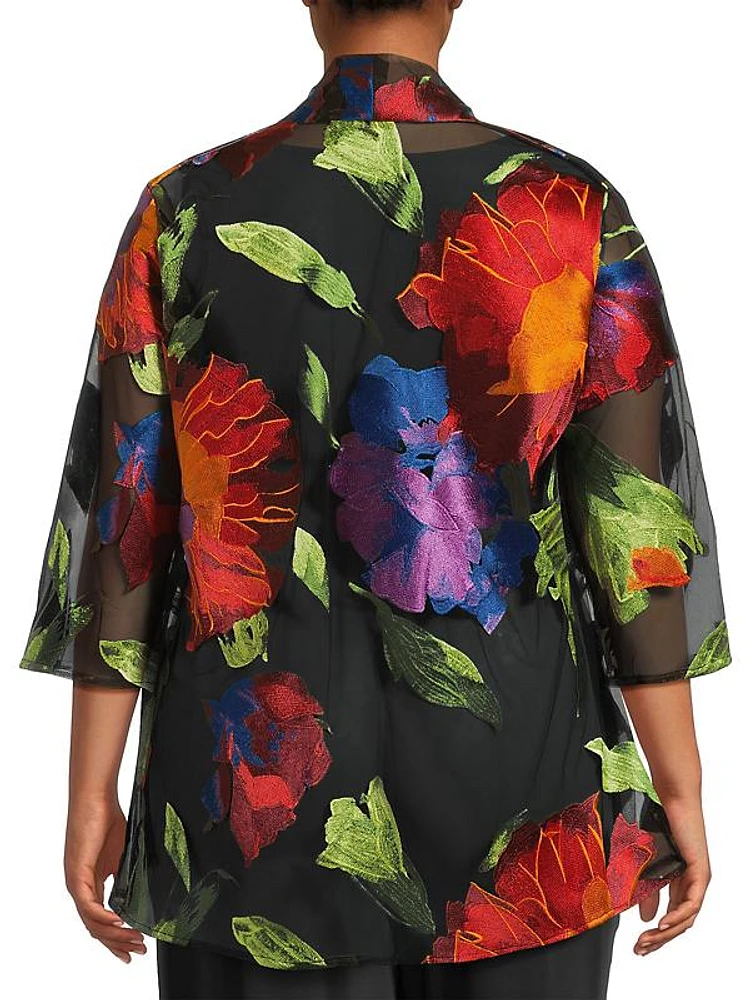 Plus Size Flower Burst Embroidery Swing Cardigan