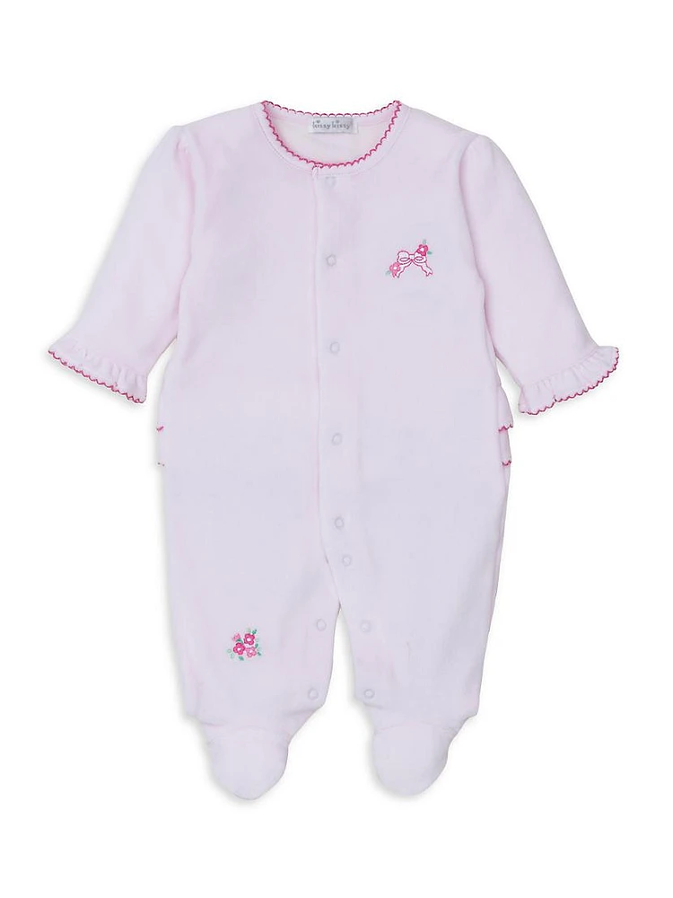 Baby Girl's Embroidered Velour Footie