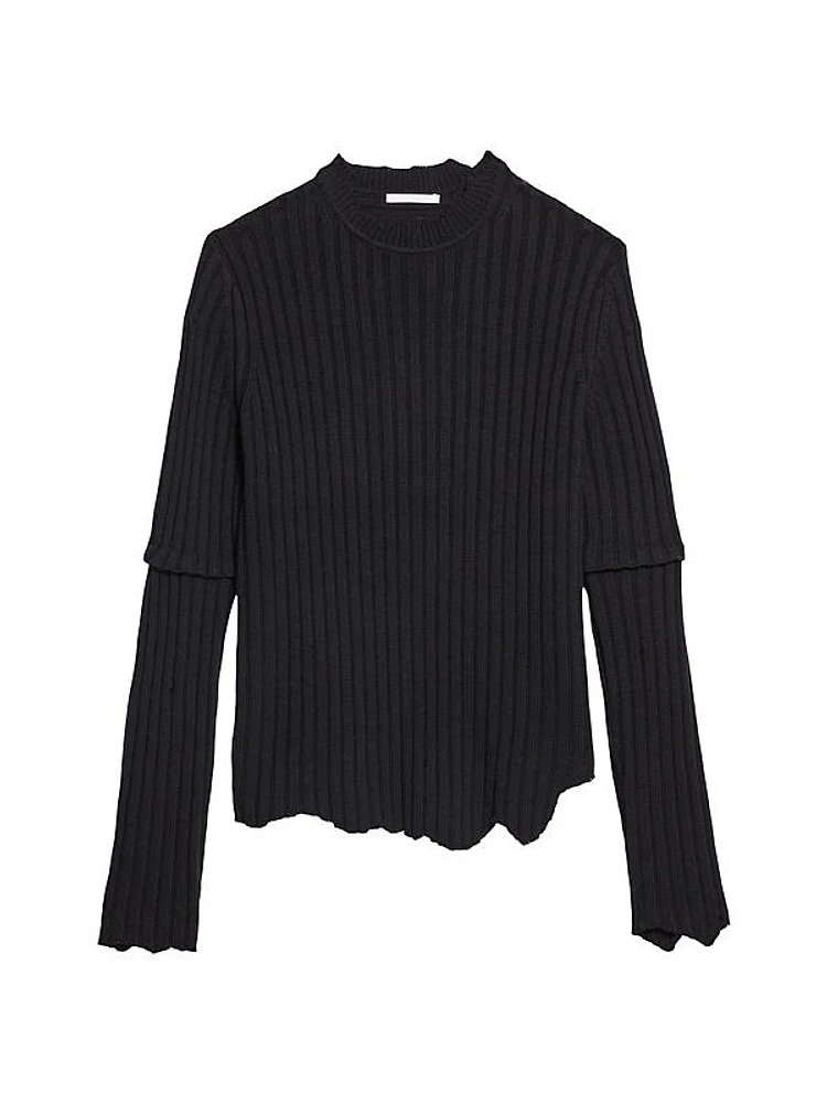 Rib-Knit Wool Distressed Sweater