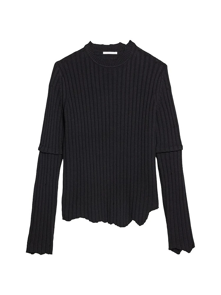 Rib-Knit Wool Distressed Sweater