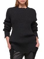 Rib-Knit Wool Distressed Sweater