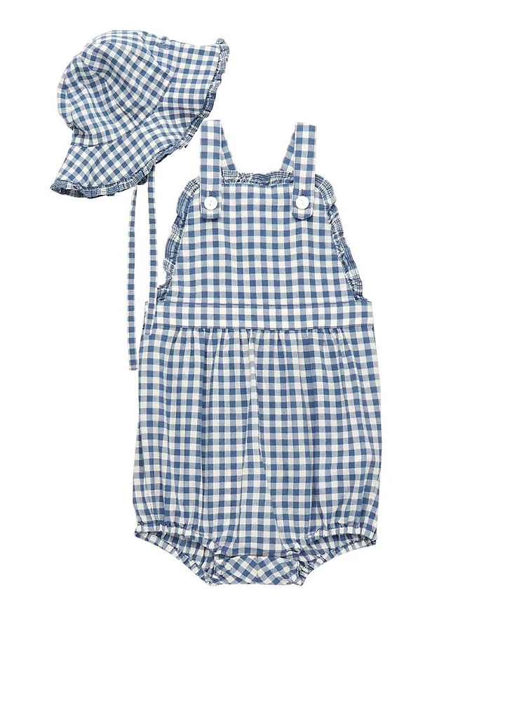 Baby Girl's Gingham Bucket Hat & Bubble Romper Set