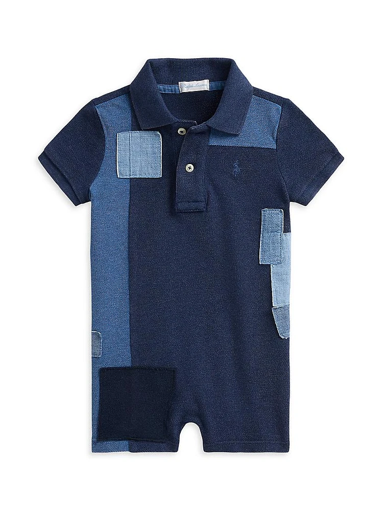 Baby Boy's Denim Patchwork Polo Shortalls