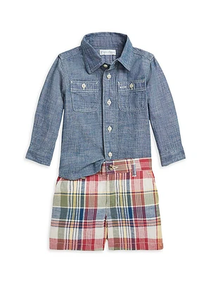 Baby Boy's 2-Piece Chambray Shirt & Plaid Shorts Set