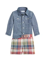 Baby Boy's 2-Piece Chambray Shirt & Plaid Shorts Set