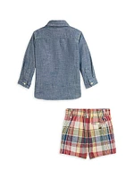 Baby Boy's 2-Piece Chambray Shirt & Plaid Shorts Set