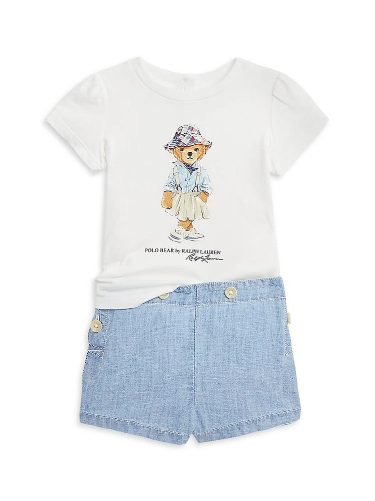 Baby's 2-Piece Polo Bear Puff-Sleeve T-Shirt & Shorts Set