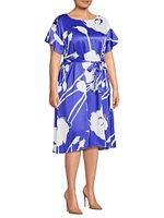 Plus Floral Crêpe De Chine Belted Shift Midi-Dress