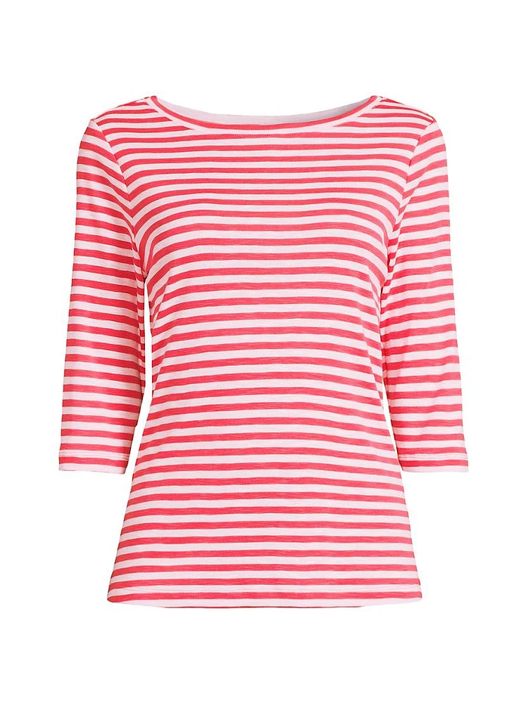 Stripe Three-Quarter Sleeve Cotton-Blend T-Shirt