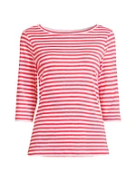 Stripe Three-Quarter Sleeve Cotton-Blend T-Shirt