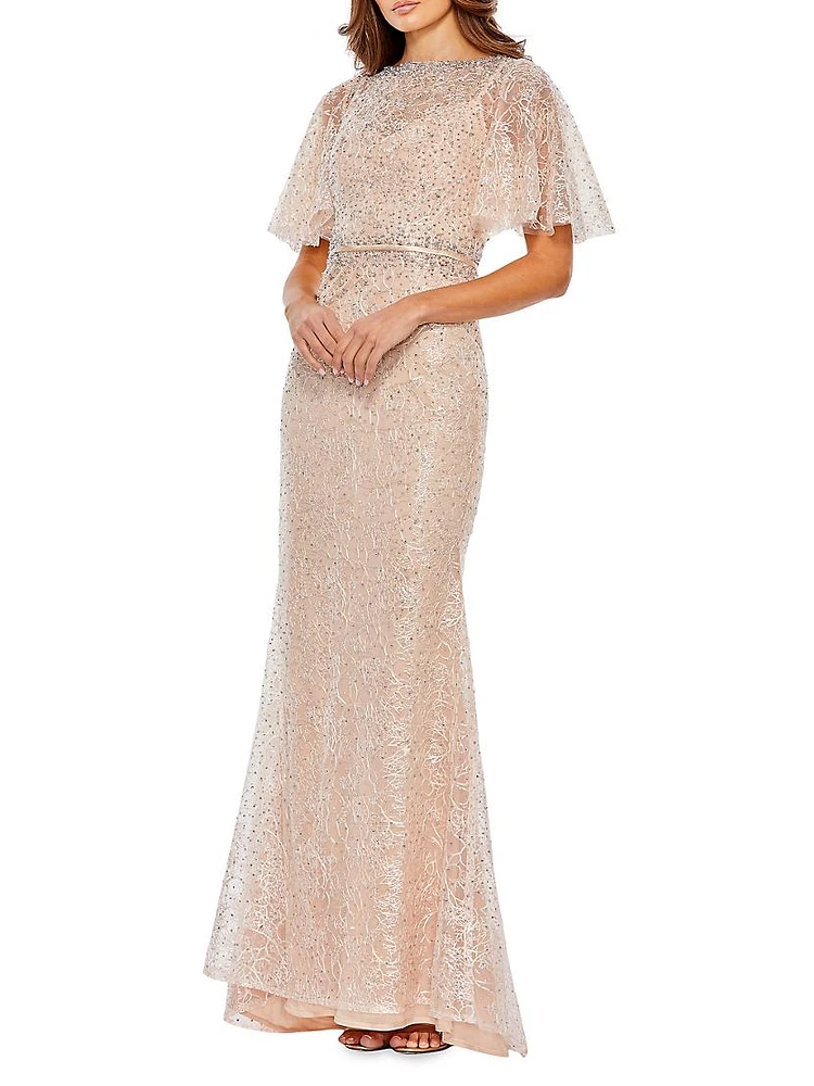 Embellished Butterfly-Sleeve Column Gown