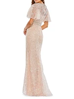 Embellished Butterfly-Sleeve Column Gown