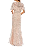 Embellished Butterfly-Sleeve Column Gown