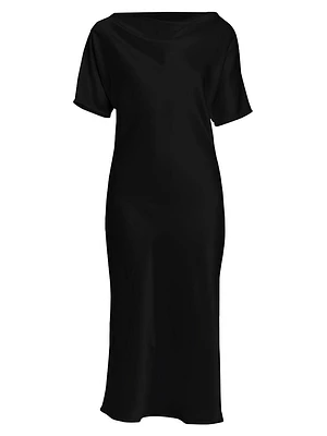 Satin Cowlneck Short-Sleeve Midi-Dress