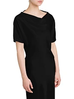 Satin Cowlneck Short-Sleeve Midi-Dress