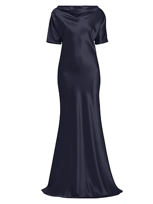 Satin Cowlneck Short-Sleeve Gown