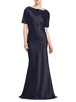 Satin Cowlneck Short-Sleeve Gown