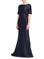 Satin Cowlneck Short-Sleeve Gown