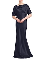 Satin Cowlneck Short-Sleeve Gown