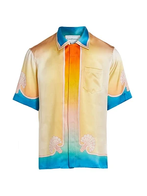 Silk Satin Ombré Cuban Collar Short-Sleeve Shirt