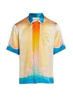 Silk Satin Ombré Cuban Collar Short-Sleeve Shirt