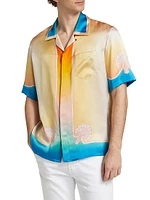 Silk Satin Ombré Cuban Collar Short-Sleeve Shirt