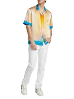 Silk Satin Ombré Cuban Collar Short-Sleeve Shirt