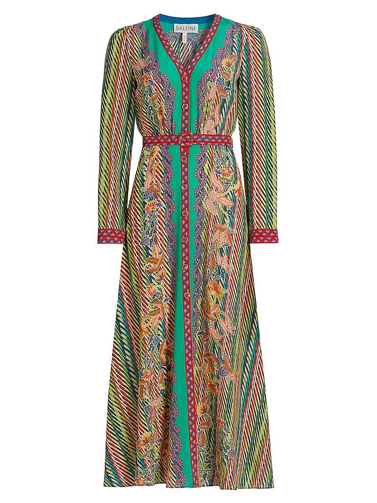 Lea Belted Scarf-Print Silk Shirtdress